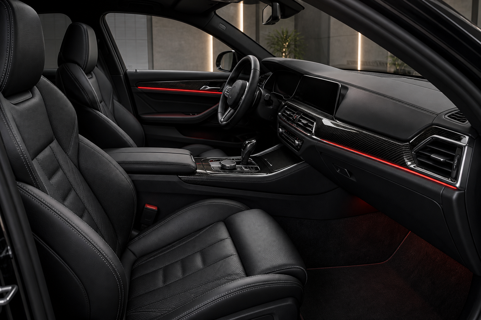 Illustration of black leather seats and a detailed center console
